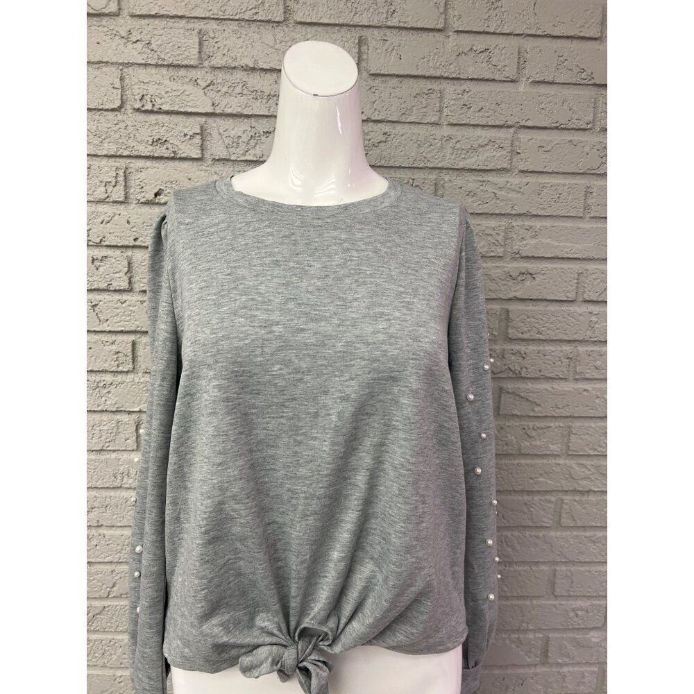 Skonhet Women Gray Faux Pearl Long Sleeve Tie Front Top Size M